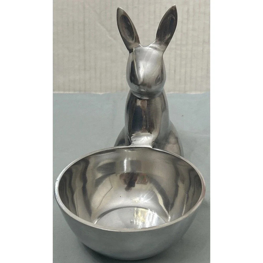 Easter Bunny w/ Attached Bowl Shiny Silver Finish Aluminum 7